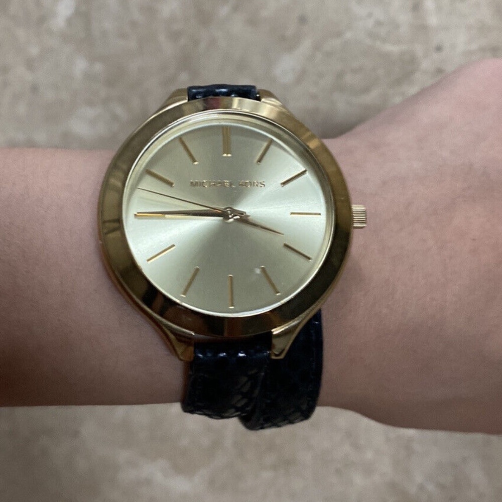 Michael Kors Gold Watch w/ Wrap Style Black Snakeskin Band